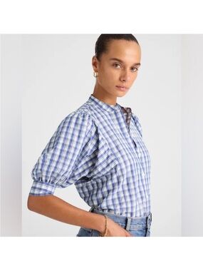 Madewell Blue and White Plaid Puff-Sleeve Blouse